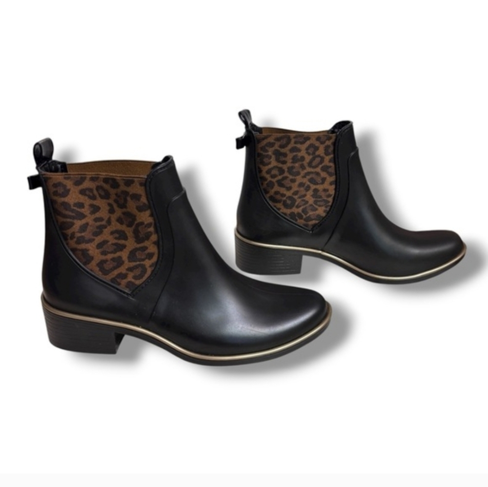 kate spade Black Leather Chelsea Rain Boots with Leopard Elastic Panels